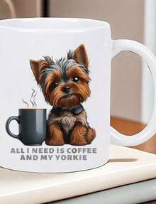 Taza de café de cerámica Yorkshire Terrier - Taza reutilizable con aislamiento térmico para bebidas frías y calientes. Diseño de perro adorable con la frase "All I Need Is Cof". Es una taza de agua personalizada y original, ideal para hombres y mujer - Blanco - Ver 1