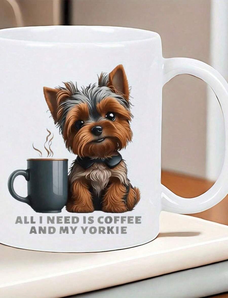 Taza de café de cerámica Yorkshire Terrier - Taza reutilizable con aislamiento térmico para bebidas frías y calientes. Diseño de perro adorable con la frase "All I Need Is Cof". Es una taza de agua personalizada y original, ideal para hombres y mujer - Blanco - Ver 1