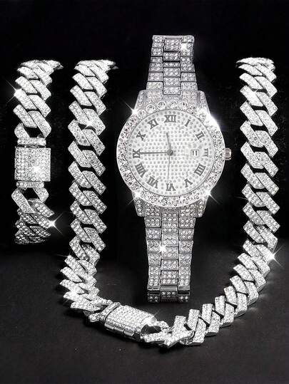 3pcs Jewelry Set: Hip Hop Watch, Necklace, Bracelet - Alloy Rhinestone Chain Jewelry, Luxury Oversized Quartz Watch, Best Gift For Father's Day, Valentine's Day