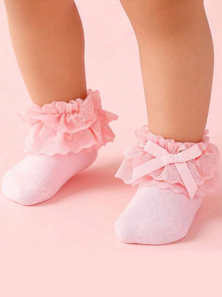 Infant Girls' Ruffle Lace Ankle Socks With Bow, Soft Cotton Ankle Socks Suitable For Babies And Toddlers - Multicolor - View 1