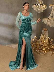 Faeriesty Đầm dạ hội nữ trang trọng, cổ đính kim cương, thiết kế bất đối xứng, xẻ cao, đầm nhung ôm dáng thanh lịch, thích hợp cho tiệc kỷ niệm, sự kiện sang trọng, tiệc lớn, thảm đỏ, lễ đón năm mới. - Màu xanh Bạc hà - Xem 4