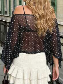 Women's Shawl Ponchos Off Shoulder Dots Print Sheer Mesh T-Shirts Summer Tunic Tops - 黑色 - 查看 6