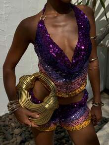 Awevudst Women Halter Neck Sequin Crop Tops Slim Fitted Backless Tie Up Cowl Neck Tank Tops Camisoles Summer Spaghetti Straps Deep V-Neck Cami Tops Beachwear Party Clubwear - 紫色 - 查看 2