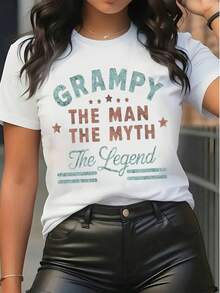 T-shirt graphique vintage "Grampy, l'homme, le mythe, la légende" pour femmes, col d'équipe, manches courtes, cadeau pour la fête des pères - Blanc - Voir 1