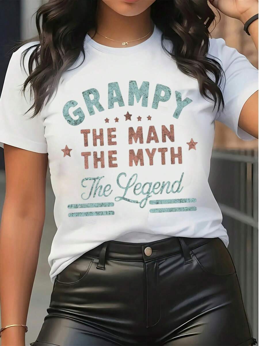 T-shirt graphique vintage "Grampy, l'homme, le mythe, la légende" pour femmes, col d'équipe, manches courtes, cadeau pour la fête des pères - Blanc - Voir 1