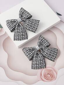 2入組小女童格紋圖案蝴蝶結裝飾時尚鴨嘴夾適用於頭髮裝飾用品