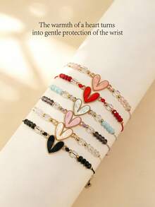 This Multi-Piece Heart-Shaped Bracelet Set Features Handwoven Rope And Heart-Shaped Pendants, Making It The Perfect Choice For A Women's Bracelet Set. It Is Ideal For Gifting On Occasions Like Mother's Day, Father's Day, Valentine's Day, Thanksgiving, Etc. Available In Red, Pink, Blue, Black, Purple, And White Colors. - Love - View 4