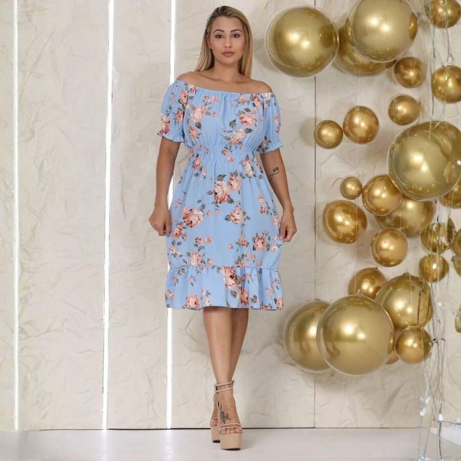 Short Dress Made From Duna Fabric With Short Sleeves. - 嬰兒藍印花 - 查看 1