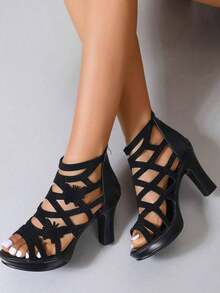 Black Roman High Heel Sandals, New Fashion Hollow Butterfly Design Peep Toe Boots, Elegant Mother Shoes For Summer - Black Butterfly Rhinestones - View 4
