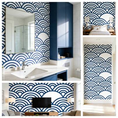 1 Roll Of Japanese Style And Wind Wave Wave Pattern Self-Adhesive Wallpaper, Blue And White Ins Style Dormitory Decoration Waterproof Wallpaper Vinyl Wall Contact Paper Is Waterproof And Moisture-Proof, Easy To Install, Removable Wallpaper, And Screen Decoration Home Decoration Kitchen Stickers 17.7inx39.3/118.1/196.8/393.7in