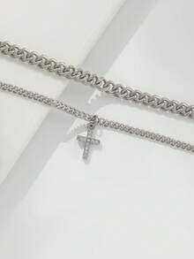 Tkool 2pcs/Set Women Anklet Set, Boho Summer Beach Vacation Layered Style, Copper Inlaid Cubic Zirconia Cross Pendant Curb Chain Double Layer Anklet Bracelet Accessory Gift - Silver - View 4