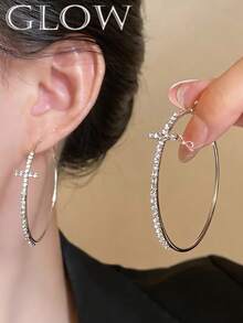 1 Pair Fashionable Exquisite Luxury Exaggerated Rhinestone Geometric Cross Hoop Earrings, Suitable For Teenage Girls Everyday And Holiday Wear - Silver - View 3