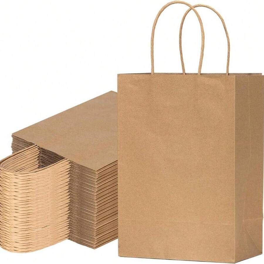 50pcs Kraft Paper Gift Bags, Kraft Paper Drawstring Bags - 21 X 11 X 27 Cm With Handles - Gift Bags -- Suitable For Birthday, Wedding, Christmas And Party Celebrations - Multicolor - View 1