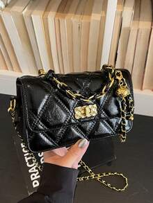 Fashionable High-Quality Quilted Embroidery Design Flap Metal Buckle Small Square Bag With Chain Strap, Elegant Shoulder/Crossbody Bag For Women - Black - View 3