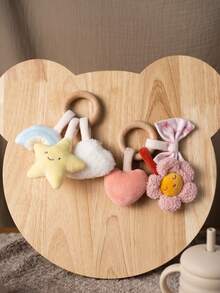 1 pieza Sonajero de madera con anillo para bebé, juguete de peluche suave para dentición, diseño lindo de bellota, estrella y flor, juguete sensorial para recién nacidos, bebés y niños pequeños, accesorio esencial y regalo de viaje - Multicolor - Ver 4