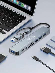 Adaptador de hub USB 3.0 de 8 en 1, interfaz multifuncional, compatible con teléfonos tipo C y tabletas iPad OTG, con conector de 3.5 mm para auriculares, unidad flash USB, disco duro, lector de tarjetas SD - Gris - Ver 12