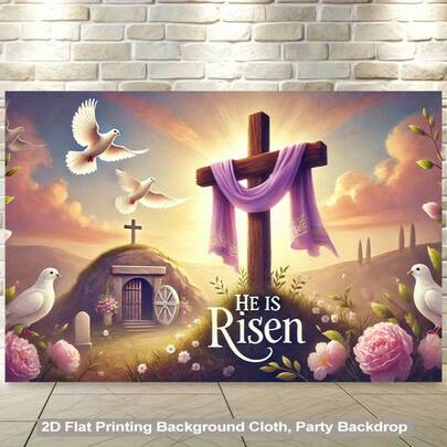 2D Flat Banner 1pc ,Spring-Themed Polyester Backdrop Fabric Featuring Resurrection Motifs, Vibrant Wall-Hanging Polyester Fabric For Living Rooms, Bedrooms, Offices, Or Party Decorations, Party Backdrop Fabric