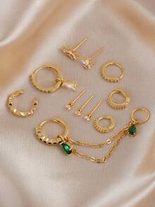 12 piezas Conjunto de aretes de cadena con gota de circonita cúbica elegante, joyería de moda para mujeres, adecuada para uso diario, citas, fiestas, festivales de música, superposición - Amarillo Oro - Ver 5
