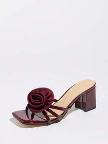 Women's Burgundy Satin Jacquard 3D Rose Square Toe Block Heel Mule Sandals For Party, Wedding, Evening Date, Vacation - Burgundy - View 4