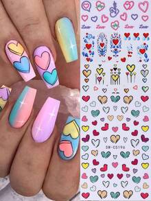 4片装彩色爱心情人节美甲贴纸，3D可爱爱心图腾红色美甲贴花，用于美甲装饰，3D自粘情人节美甲用品，适合女性和女孩的指甲 - 彩色 - 查看 3