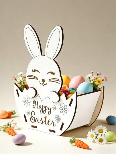 1pc DIY Wooden Easter Egg Basket Desktop Decor, Bedroom Ornament, Suitable As Gift For Girlfriend