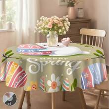 1pc Easter Bunny Holding Eggs Round Tablecloth, "HAPPY SPRING" Spring-Themed Dining Room Decor, Washable Round Table Cover For Daily Dining Room And Living Room, Suitable For Easter Holiday, Outdoor Picnics - 100% Polyester - Multicolor - View 6