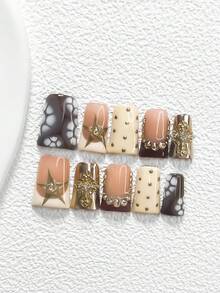 10pcs Elegant Retro Nail Art Stickers, Steel Ball Heart Nail Accessories, Small Heart Pattern Decor, Deep Red Nail Polish, 3 Styles Available: Almond, Square, Duck Mouth Nail Stickers, Includes Tool Kit, Suitable For Women & Girls For Daily, Party, Valentine's Day, Important Occasions Handmade Press On Nails - 彩色 - 查看 19