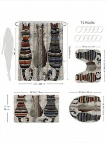 1/4pcs Vintage Cat Print Shower Curtain Set, Includes Bath Mat, U-Shaped Rug, Toilet Lid Cover, High Quality Shower Curtain With 12 Durable Hooks, Premium Bathroom Decor & Accessories, Suitable For All Scenarios - Multicolor - View 4