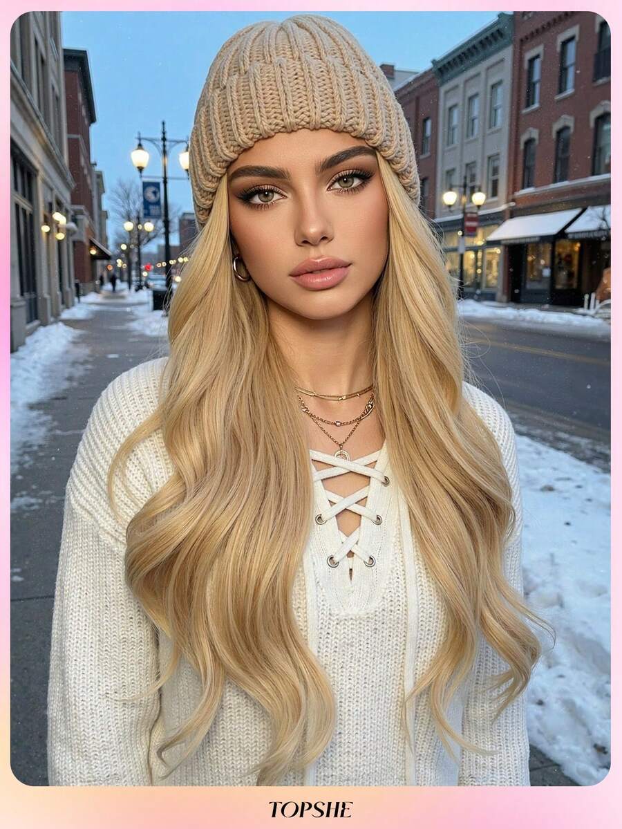 TOPSHE 26英寸金色长波浪合成假发，配保暖柔软针织滑雪帽，可调节假发，耐热纤维，带接发，女士假发，适合圣诞节装扮（含帽子） - 金色 - 查看 1