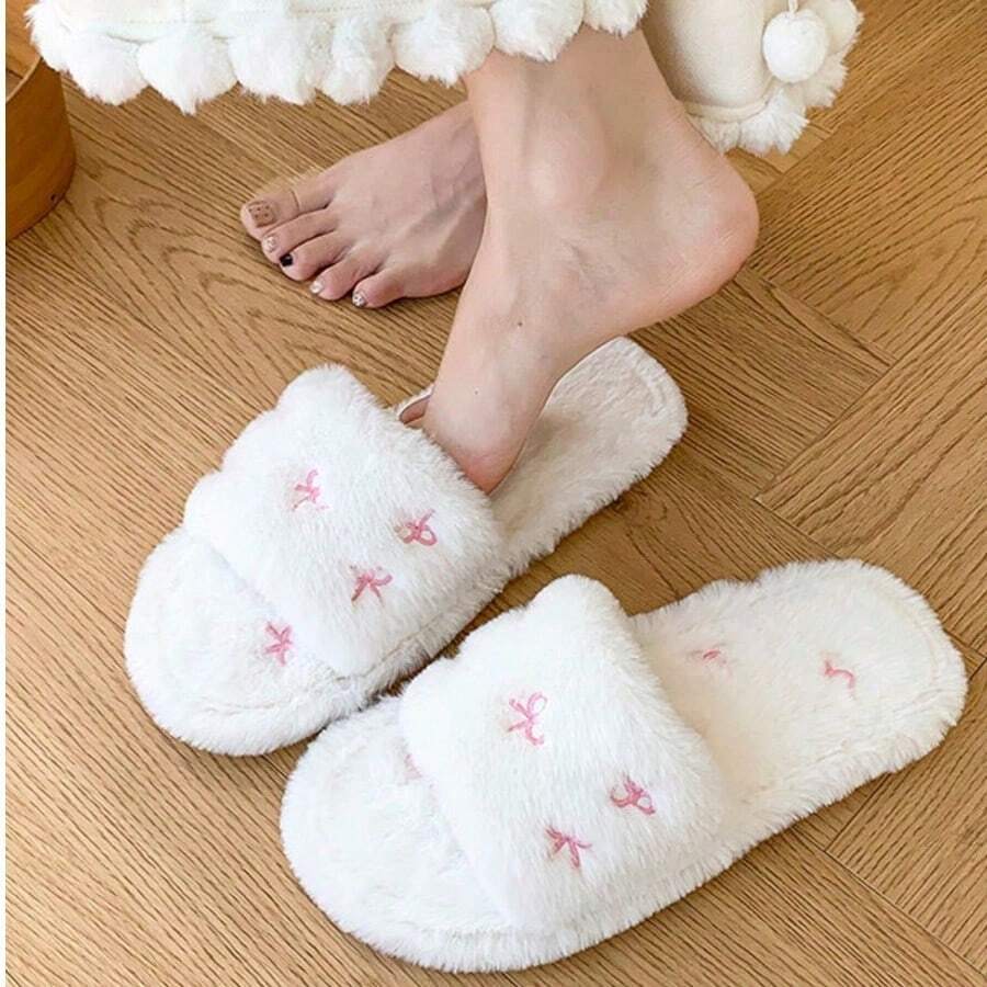 Cute Floral Bow-Embellished Slippers For Girls, Perfect For Winter Indoor Use, Non-Slip, Fleece-Lined, Warm, And Student-Friendly. - 白色 - 查看 1