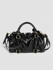 Medium Size Black Vintage Pleated Handbag, French Chic Rivet Sweet & Cool Design Commuter Bag, Suitable For Women, Students, Office Workers. Suitable For Daily Commute, Shopping, School, Travel - Black - View 3