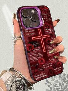 Christian Cross & Red Rose Pattern Phone Case, IMD Technology Laser Backplane, Shockproof Scratch-Resistant Comfortable Grip, Compatible With IPhone 17/16/15/14/13/12/11/7/X - Pink - View 3