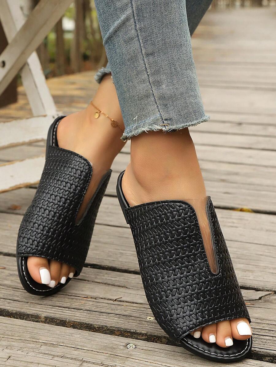 44码镂空黑色休闲舒适平底凉鞋，拼接设计，适合海滩、度假、约会、情人节等场合。 - 黑色 - 查看 1