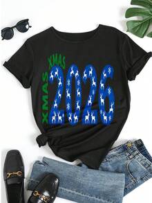 Damska koszulka z krótkim rękawem i grafiką świąteczną z 2026 r. z nadrukiem świątecznym i wzorem płatka śniegu w renifery, luźna koszulka z okrągłym dekoltem na imprezę świąteczną, do codziennego noszenia - Czarne - Zobacz 5