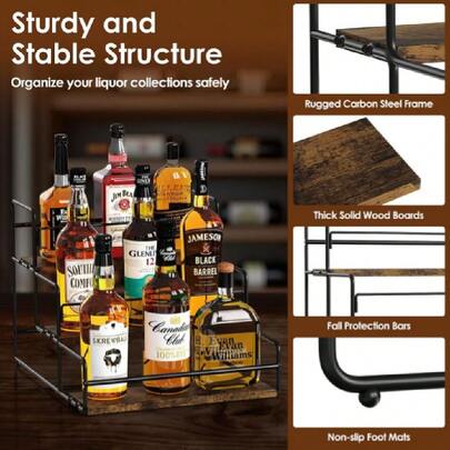 Liquor Bottle Display Shelf, 3-Tier Liquor Shelf, Carbon Steel Bar Cabinet With Wooden Base And Retainer Bar For Whiskey Syrup Wine, Wine Rack For Countertop Kitchen Coffee Bar, Black,39691341