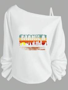 Summer Outfits For Women, Manila City Skyline Graphic Off Shoulder Sweatshirt, Vintage Sunset Design, Casual Streetwear,  Summer Tops-Holiday Outfits For Women, Theme Graphic Tees, Festival Wear, Fun Party - 白色 - 查看 1