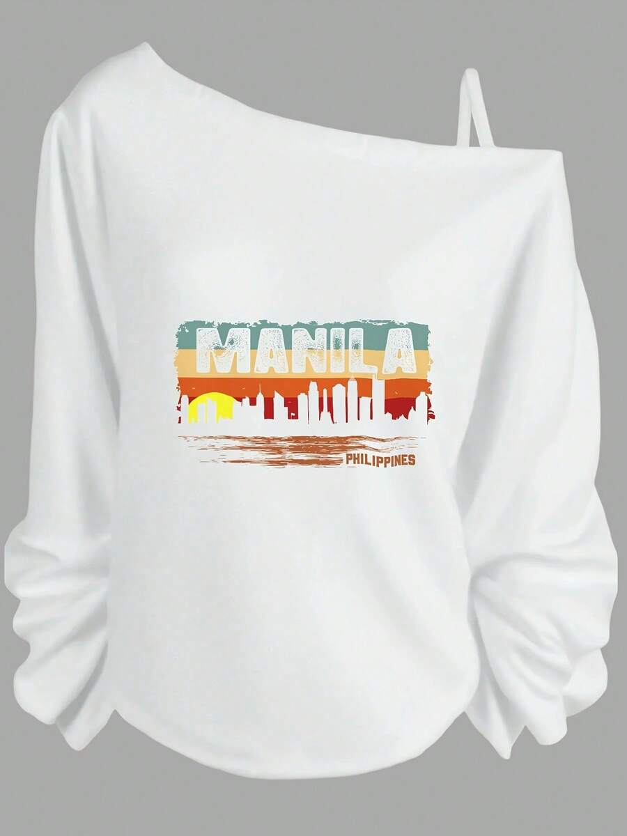 Summer Outfits For Women, Manila City Skyline Graphic Off Shoulder Sweatshirt, Vintage Sunset Design, Casual Streetwear, Summer Tops-Holiday Outfits For Women, Theme Graphic Tees, Festival Wear, Fun Party - 白色 - 查看 1