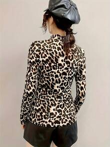 Plus Size Women Leopard Illusion Collar Top, Spring/Autumn Detachable Collar Long Sleeve T-Shirt - Black - View 5