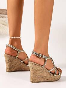 Sandal đế bằng đính sequin thời trang nữ, nhẹ, thoải mái, tối giản, hở mũi, thích hợp cho hoạt động ngoài trời, đi biển, mùa xuân/hè. - Rượu sâm banh - Xem 6