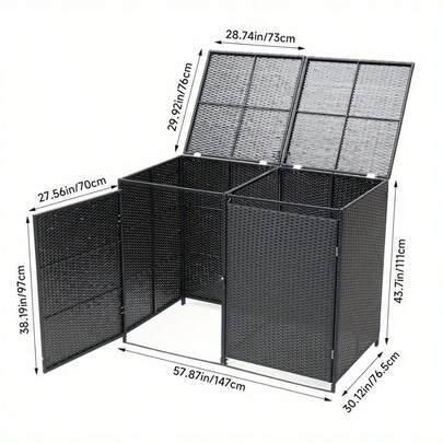 PE Rattan Dustbin Storage Shed Trash Bin Garbage Dustbin Store, Polyrattan Wicker Double Wheelie Bin Storage Shed For 2 Waste Bins