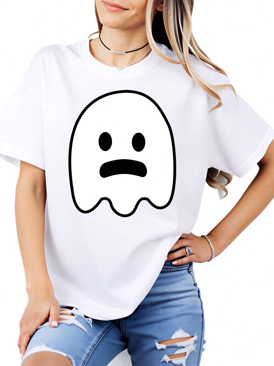Diseño de fantasma blanco con expresión seria Camiseta oversize para mujer Ideal para Halloween y eventos temáticos Estilo casual para jóvenes 220g - Blanco - Ver 1