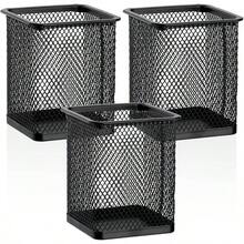 Square Pen Holder, 3 Pack Black Pen Holder Desk, Metal Mesh Pencil Cup Container Desktop Accessories Organizer Office, School, Home, Brush - Black + 3 Pack - View 1