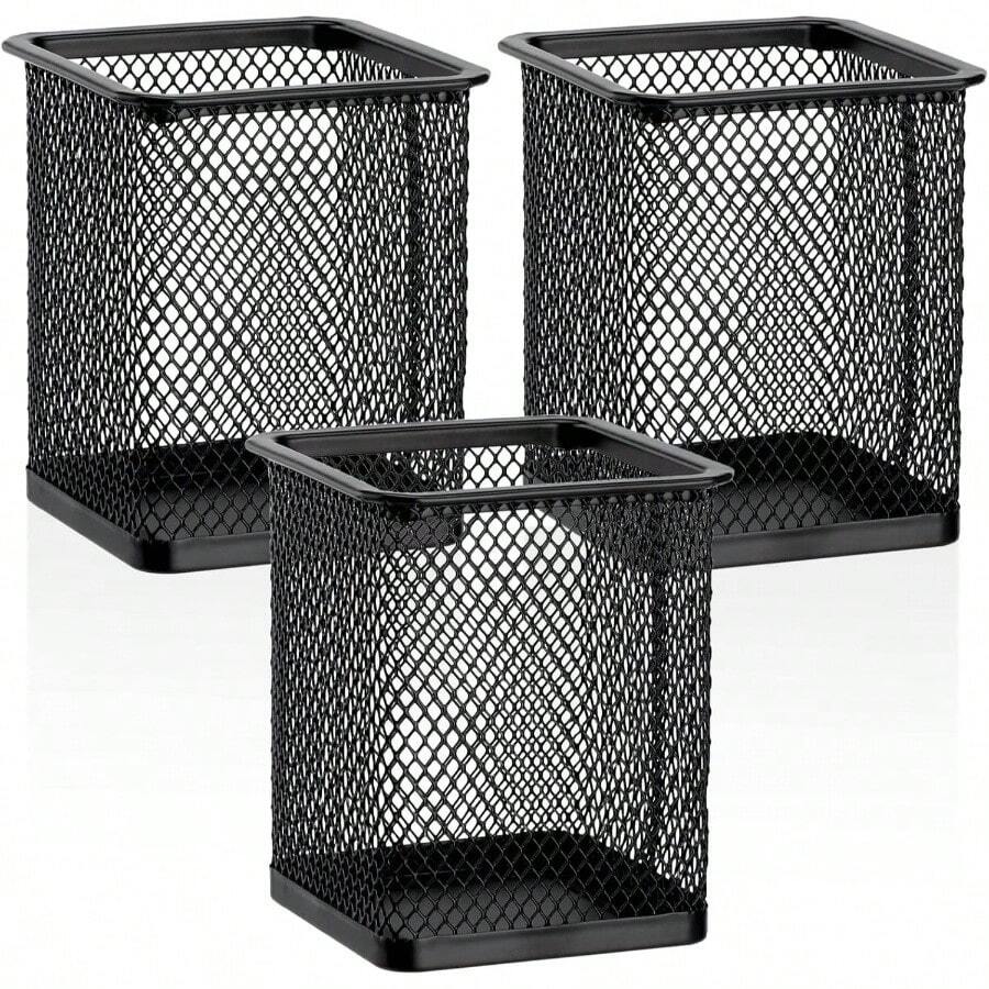 Square Pen Holder, 3 Pack Black Pen Holder Desk, Metal Mesh Pencil Cup Container Desktop Accessories Organizer Office, School, Home, Brush - Black + 3 Pack - View 1