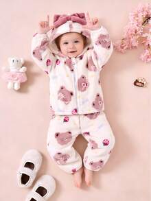2 件装女婴熊、字母、草莓、星星羊毛连帽上衣和裤子套装，秋冬季温暖休闲日常装 - 白色 - 查看 1