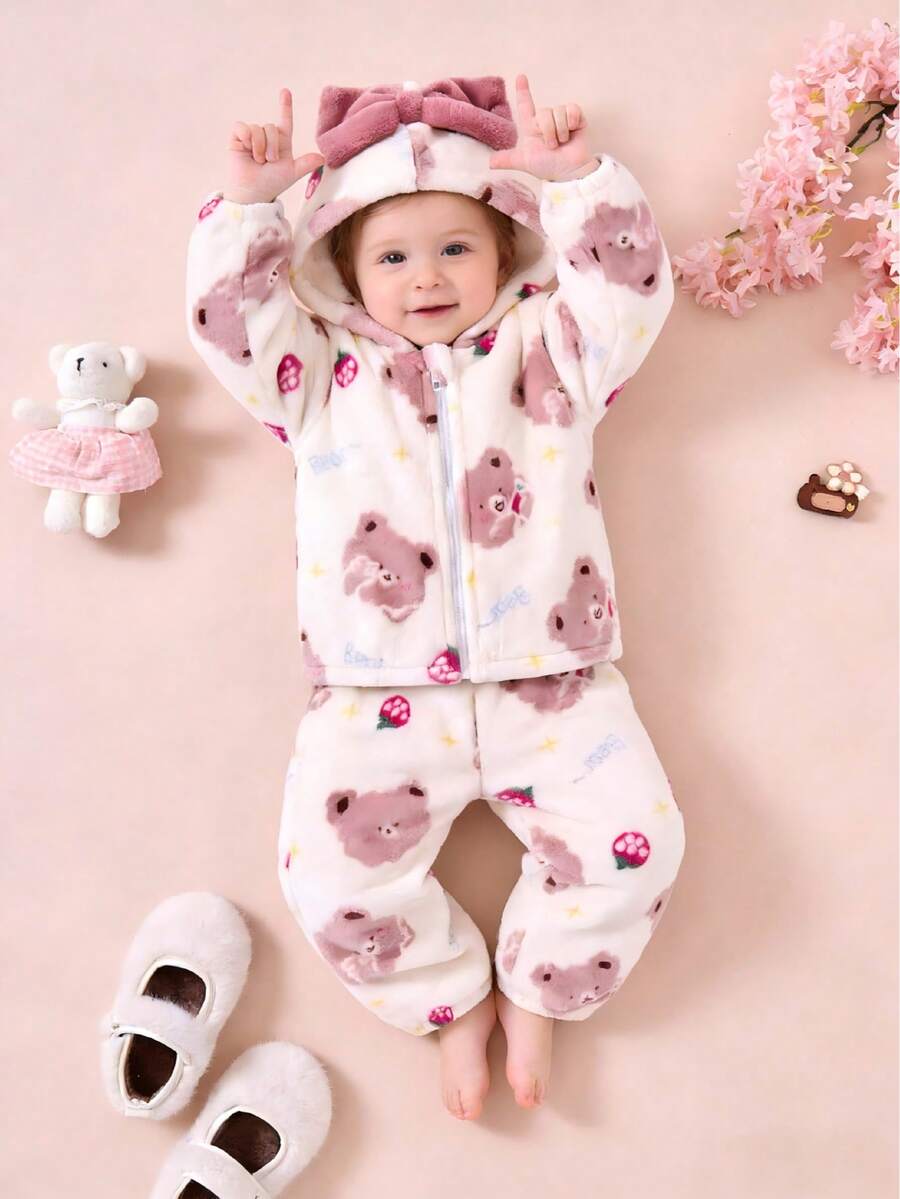 2 件装女婴熊、字母、草莓、星星羊毛连帽上衣和裤子套装，秋冬季温暖休闲日常装 - 白色 - 查看 1