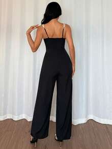 1pc Women's Spring/Summer Pearl Strap Colorblock Jumpsuit, Elegant Fitted Waist Design For Date, Commute, Everyday Wear - Black - View 5