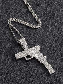 1件镶满钻石的手枪吊坠项链，时尚男士链项链，嘻哈配饰，独特礼物