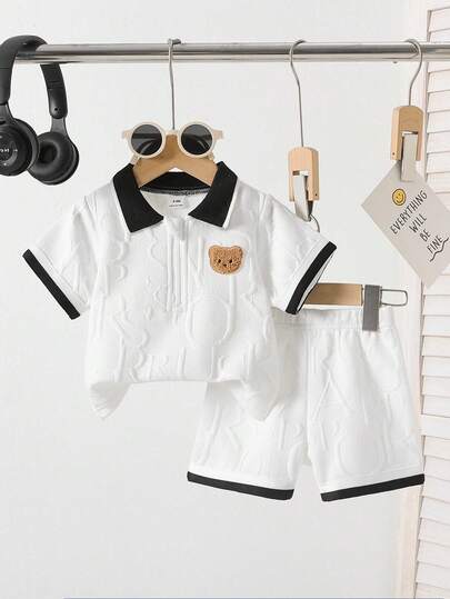 Bộ 2 món mùa hè mới, kiểu dáng thường ngày, chất liệu dệt kim, họa tiết gấu hoạt hình thêu và in, áo len và quần short rộng, phù hợp cho trang phục thường ngày, phong cách sinh viên.