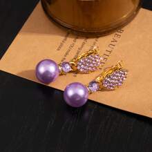 1对时尚奢华紫色珍珠水钻叶子设计女士耳环，优雅百搭 - 彩色 - 查看 4