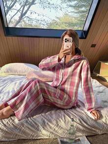 Nina Bonheur 2pcs Women Loose Comfortable Breathable Long Sleeve Pajama Set - Hot Pink - View 5